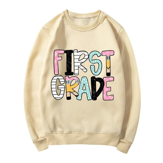 Holzkary Teacher Sweatshirt for Women Women's Fashion Casual Letter Printed Round Neck Long Sleeve Top Sweatshirt Colorful Teacher Crewneck Sweatshirt Teach Long Sleeve Pullover Shirt Tops Beige L
