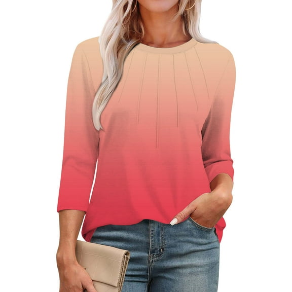 Holzkary Tops for Women 3/4 Sleeve Crewneck Cute Basics Tees Casual Fashion Summer T Shirts Business Work Tee Top 3/4 Length Sleeve Tops Round Neck Tops Basic Pleated Shirts Loose Fit 2025 Orange Xl