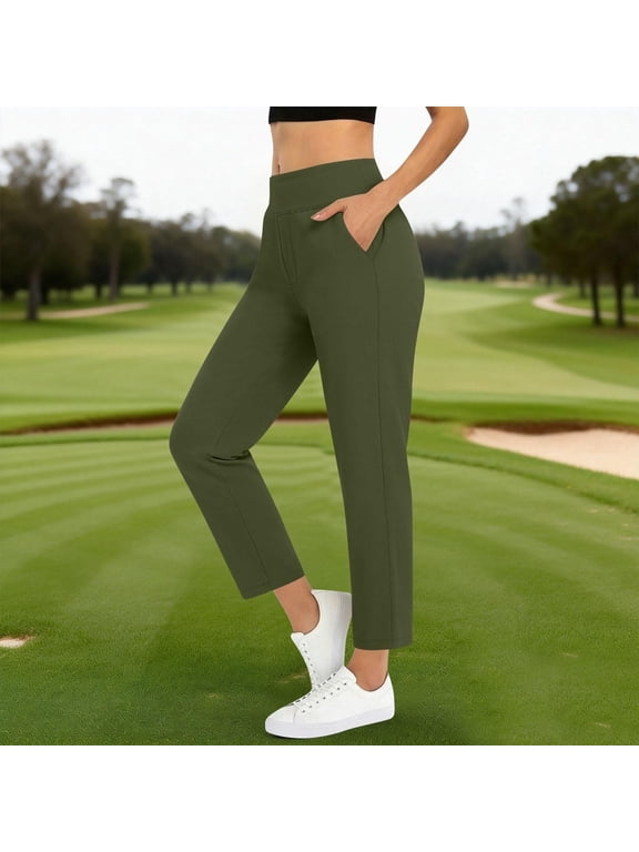 Travel Pants Women Petite Lightweight High Waisted Tummy Control Pants Ankle Slacks Golf Yoga Cropped Trousers 7/8 Pull On Work Business Athletic Sweatpants Army Green Xl