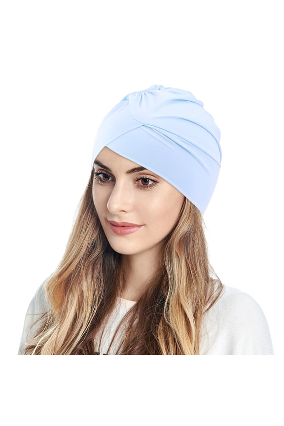 Turbans for Women Head Wraps for Black Women Stretch 2025 Trendy Women Muslim Turban Solid Hair Bonnet Head Scarf Wrap Cover Light Blue One Size