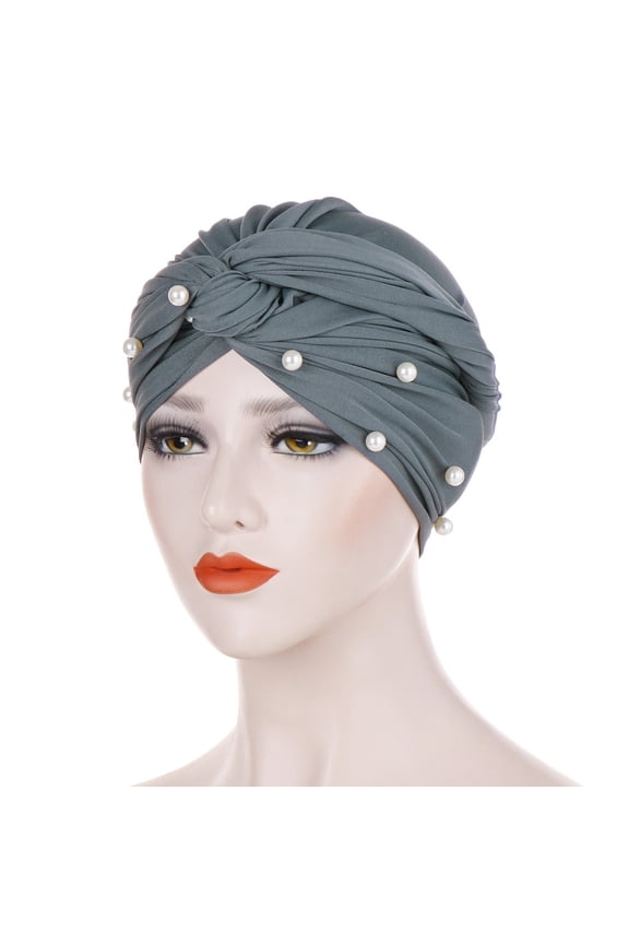 Turbans for Women Head Wraps for Black Women Stretch 2025 Trendy Women Pearl Beading India Hat Muslim Ruffle Cancer Chemo Beanie Turban Wrap Cap Grey One Size