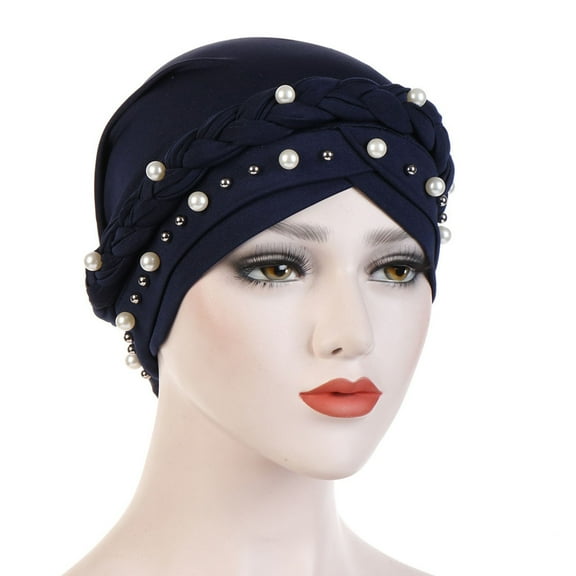 Holzkary Turbans for Women Head Wraps for Black Women Stretch 2025 Trendy Women's Soft Monochrome Single Braid Hat Pin Muslim Baotou Hat Navy One Size