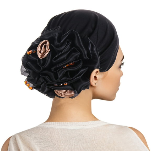 Holzkary Turbans for Women Head Wraps for Black Women Stretch 2025 Trendy Womens Solid Flowers Head Hat Cap Headwear Muslim Turban Cap Slouchy Headwear Black One Size