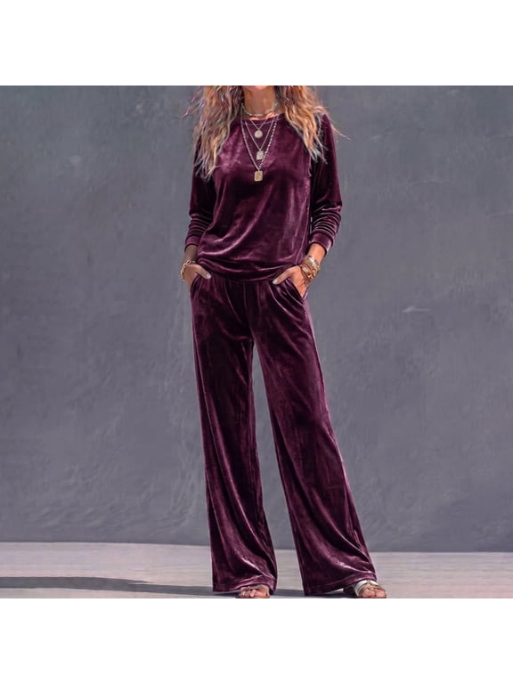 Velour Tracksuit Womens Fall Winter Oversized Crewneck Sweat Suit for Office Work 2 Piece Joggers Sets for Women Trendy Comfortable Business Set Trip Workout Airport Outfits Brick Red S
