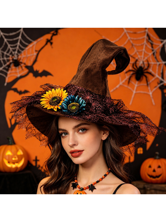Velvet Witch Hat for Women,Curved Twisted Pointed Wide‑Brim Cosplay Hat,Ruffled Lace Trim Gothic Dress‑Up Accessory,Party Cap Fancy Dress Accessory Cosplay Costume Brown One Size
