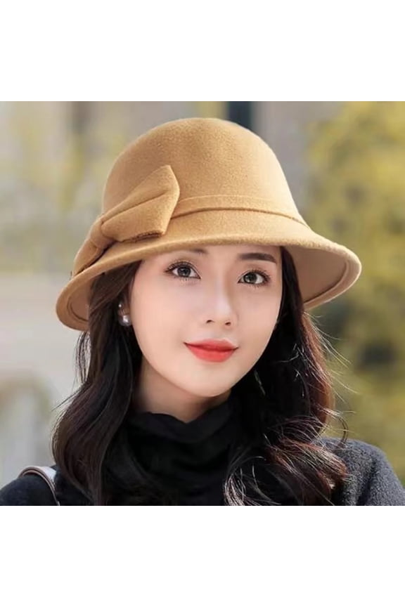 Hat for Women Men 2025 Trendy Solid Color Wide Brim Round Dome Warm Woolen Hat Women Autumn Winter Elegant Bowknot Decor Fedora Hat Daily Wear Khaki One Size