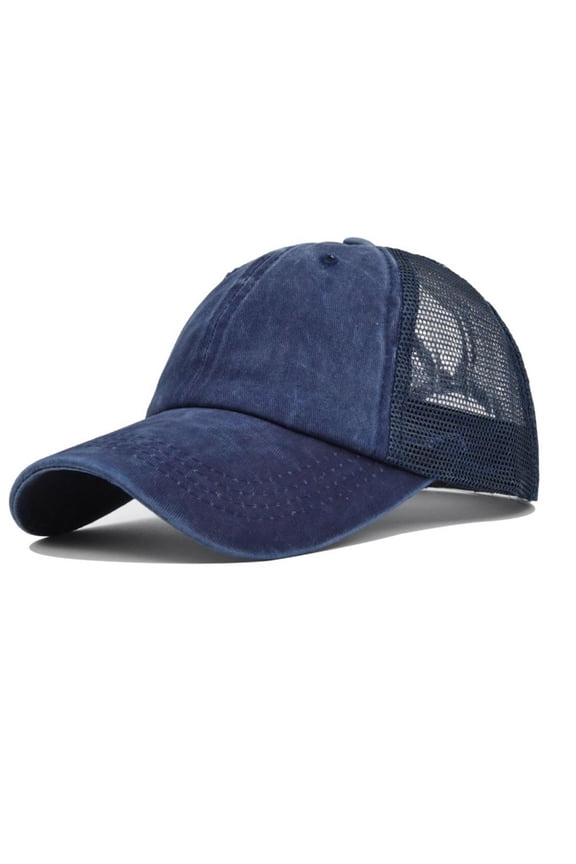 Washed Plain Baseball Cap, Retro Adjustable Dad Hats Gift for Men/Women Mesh Trucker Hat Baseball Cap Denim Retro Washed and Old Destroyed Cap Splicing Solid Color Baseball Cap Navy One Size