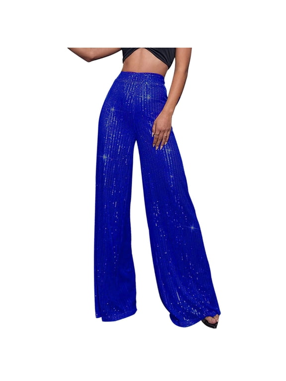Wide Leg Pants for Women Sequin Glitter Elastic High Waist Loose Flared Palazzo Trousers,Sparkly Bling Leggings for Disco Party Night Out Club Wear Pants L