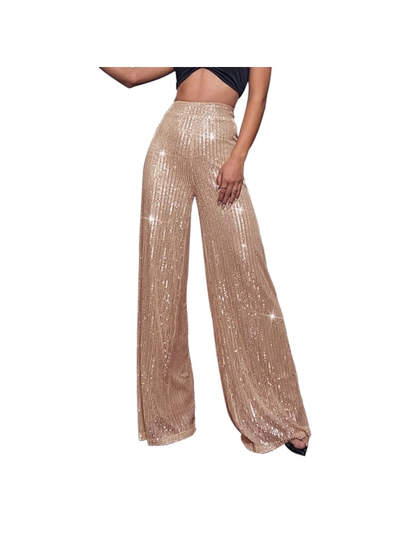 Wide Leg Pants for Women Sequin Glitter Elastic High Waist Loose Flared Palazzo Trousers,Sparkly Bling Leggings for Disco Party Night Out Club Wear Pants Khaki S