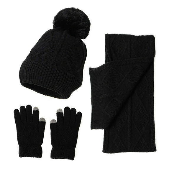 Holzkary Winter Beanie Hats for Men Women with Scarf Gloves Women&Men Autumn Winter Warm Cute Wool Hat Scarf Gloves Slouchy Three Pieces Winter Snow Knit Cap Screen Mittens Scarves Sets Black One Size