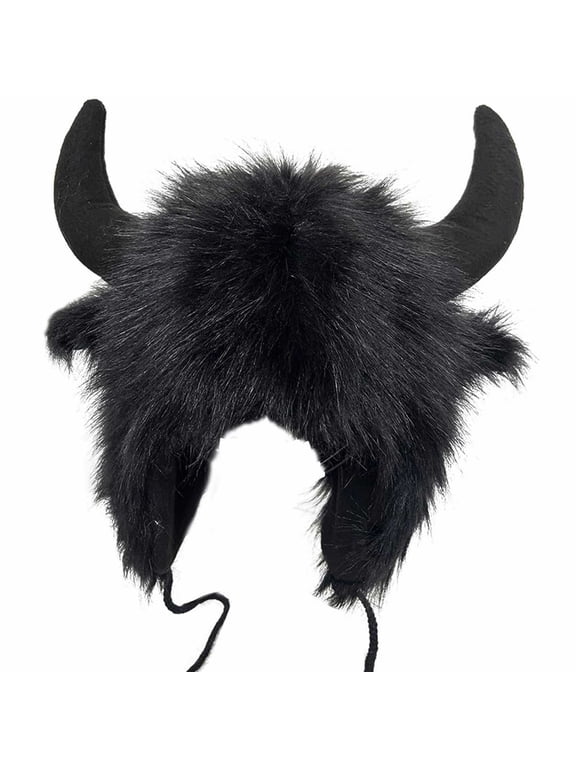 Winter Plush Hat for Women Men Cute Warm Animal Horns Ears Bull Horn Furry Hat for Cold Weather Snow Ski Hat Unisex Adult Costume Cosplay Accessory Black One Size