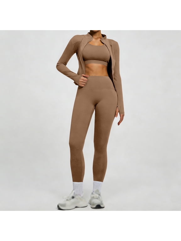 Women 3 Piece Seamless Workout Set Sports Bra Tummy Control High Waisted Gym Yoga Leggings Zip Up Cropped Jacket with Thumbhole Activewear for Running Training Athletic Outfits Khaki S