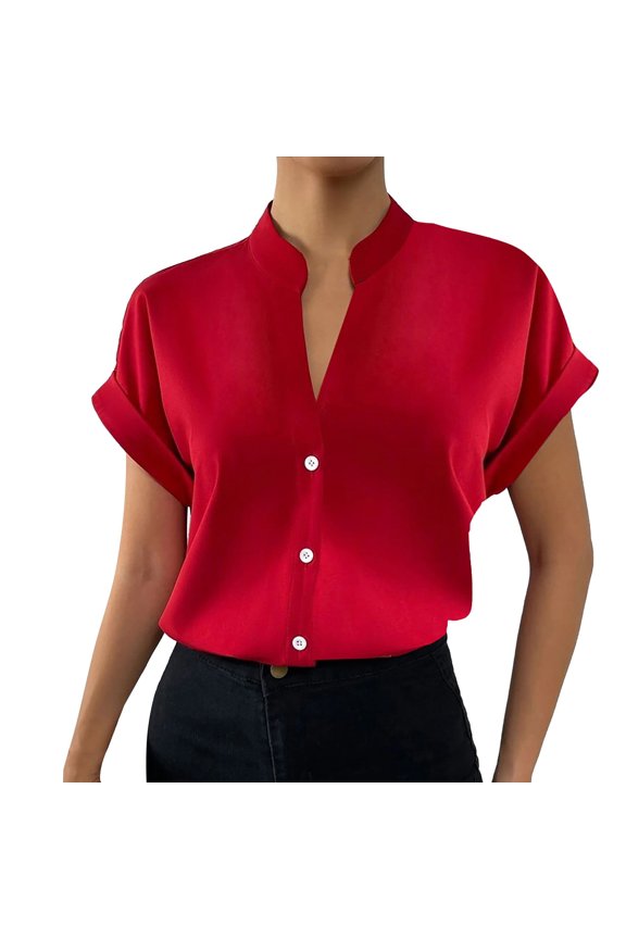 Women Button Down Short Sleeve Shirt Blouse V Neck Work Business Spring Summer Tops Women's Fashion Simple V Neck Solid Button Short Sleeve Shirt Red S