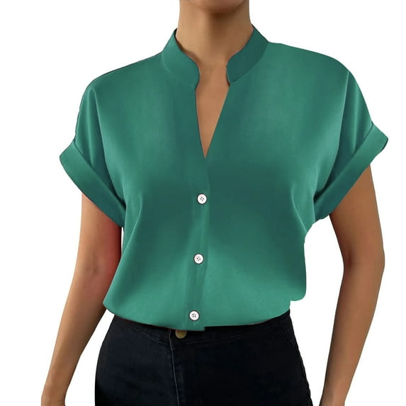 Holzkary Women Button Down Short Sleeve Shirt Blouse V Neck Work Business Spring Summer Tops Women's Fashion Simple V Neck Solid Button Short Sleeve Shirt Green 3Xl