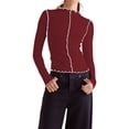 thumbnail image 1 of Holzkary Women Casual Long Sleeve Mock Neck T-Shirts Lettuce Trim Seamed Ribbed Knit Tee Shirt Top Y2K Slim Fit Tight Tops Versatile T Shirt with Contrasting Colors and Rolled Edges Wine M, 1 of 8