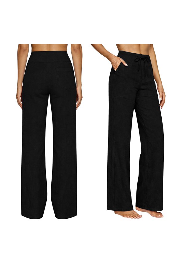 Women Cotton Linen Pants 2026 Spring Summer Gauze High Waisted Button Up Straight Leg Trousers Beach Casual Vacation Pant Black S