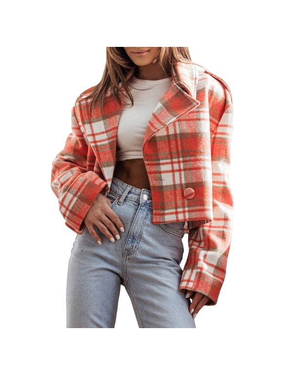 Women Cropped Pea Coat Plaid Tweed Wool Blend Double Breast Short Blazer Jacket Women's Autumn Fashion British Suit Collar Plaid Printed Woolen Jacket Orange L