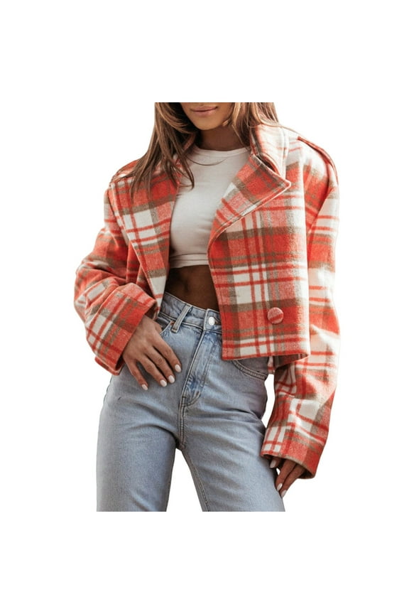 Women Cropped Pea Coat Plaid Tweed Wool Blend Double Breast Short Blazer Jacket Women's Autumn Fashion British Suit Collar Plaid Printed Woolen Jacket Orange M