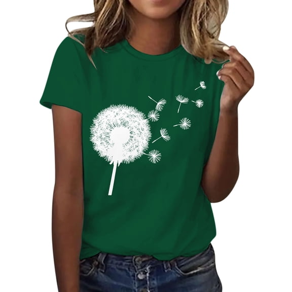 Holzkary Women Dandelion Graphic T-Shirt Short Sleeve Summer Crewneck Casual Loose Cotton Trendy Printed Tee Tops Summer Round Neck Dandelion Print Loose Short Sleeved T Shirt Blackish Green Xl