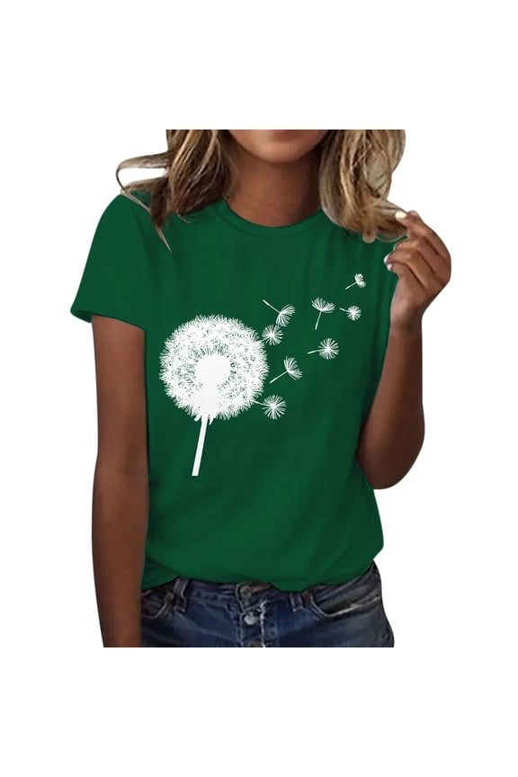 Women's Dandelion Graphic T-Shirt Short Sleeve Summer Crewneck Casual Loose Trendy Printed Tee Tops Summer Round Neck Dandelion Print Loose Casual Short Sleeved T Shirt Blackish Green Xl