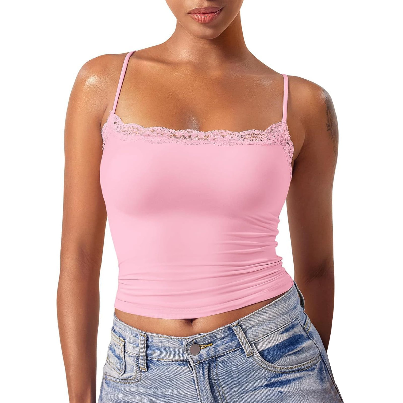 AKEGAMN Double Lined Lace Tank Top – Spaghetti Strap Beige
