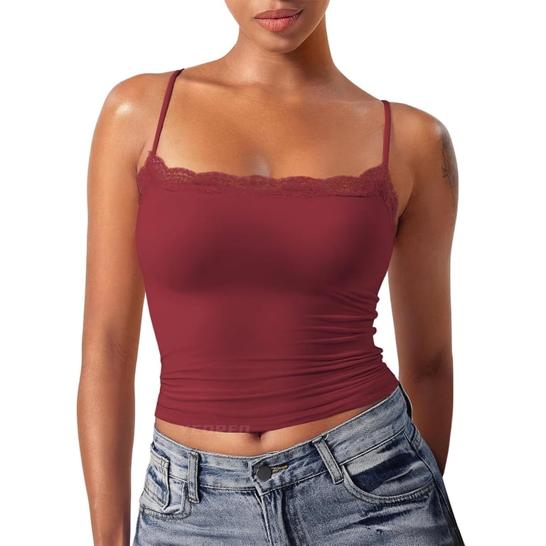 Holzkary Women Lace Cami Y2K Square Neck Double Lined Strap Tank