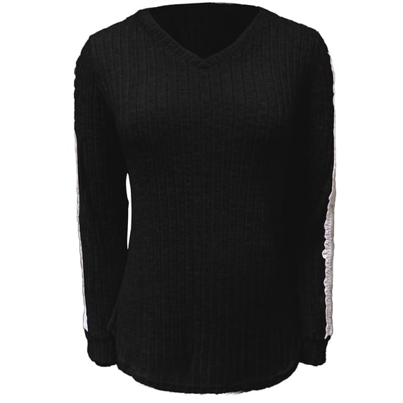 Holzkary Women Long Sleeve Shirts Fall Lace Tops 2025 Fashion V Neck Sweaters Dressy Casual Winter Tunic Blouse Trendy Outfit New V Neck Loose Long Sleeved Lace Contrast T Shirt Top for Women Black L