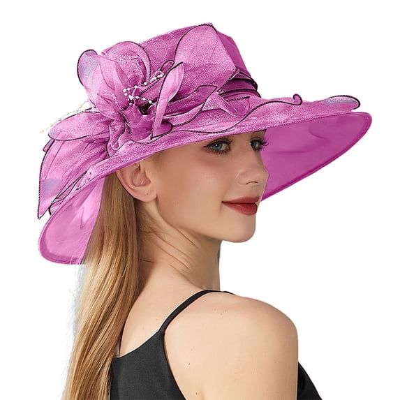 Holzkary Women Organza Wide Brim Sun Hat, UV Protection Floral Derby Fascinator Cap, Elegant Tea Party Wedding Church Banquet Occasion Hat Hot Pink One Size