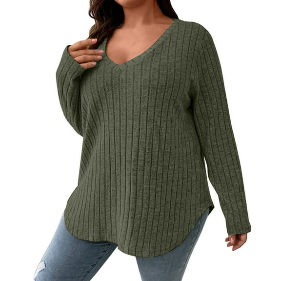 Holzkary Women Plus Size Casual Knit V Neck Lightweight Long Sleeve Sweaters Women's Solid Colour V Neck Knit Long Sleeve Pitted Stripe Brushed Pullover Top Green Xl