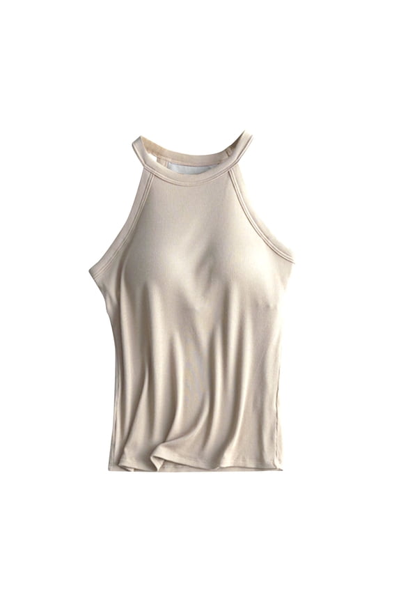Women Ribbed Tank Tops Built In Bra Halter Tank Top Sleeveless Undershirt Tank Running Yoga Tank Tops Women's Solid Color with Bra Bra One Vest Camisole Top Beige L