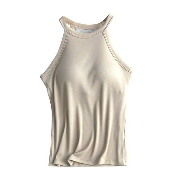 Holzkary Women Ribbed Tank Tops Built In Bra Halter Tank Top Sleeveless Undershirt Tank Running Yoga Tank Tops Women's Solid Color with Bra Bra One Vest Camisole Top Beige L
