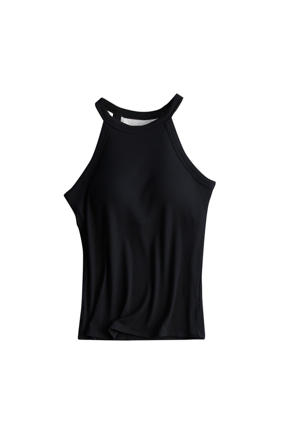 Women Ribbed Tank Tops Built In Bra Halter Tank Top Sleeveless Undershirt Tank Running Yoga Tank Tops Women's Solid Color with Bra Bra One Vest Camisole Top Black L