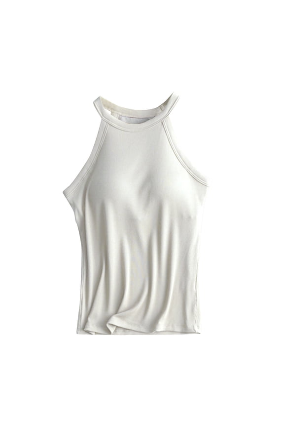 Women Ribbed Tank Tops Built In Bra Halter Tank Top Sleeveless Undershirt Tank Running Yoga Tank Tops Women's Solid Color with Bra Bra One Vest Camisole Top White M