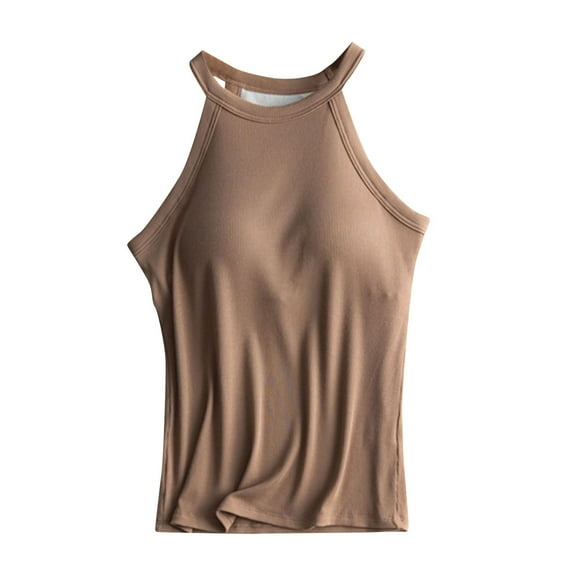 Holzkary Women Ribbed Tank Tops Built In Bra Halter Tank Top Sleeveless Undershirt Tank Running Yoga Tank Tops Women's Solid Color with Bra Bra One Vest Camisole Top Khaki M