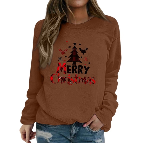 Holzkary Women'S Christmas Sweatshirt Vintage Christmas Tree Graphic Crew Neck Long Sleeve Oversize Baggy Warm Sweatshirt Tops Fall Winter Fashion Outfit 2026 Xmas Holiday Party Clothes Coffee M