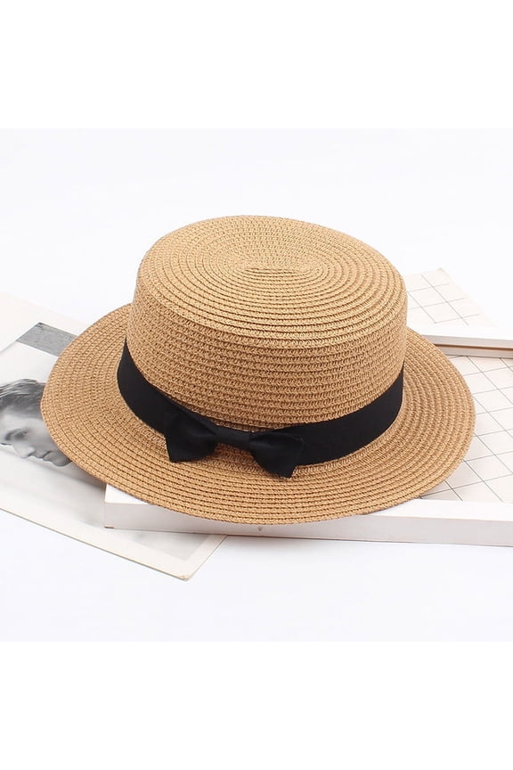 Women Straw Boater Hat Summer Beach Sun Sailor Bowler Cap Floppy Flat Top with Ribbon Hatband Solid Beach Sun Top Hat Summer Hat Ladies Women's Visor Sun Caps