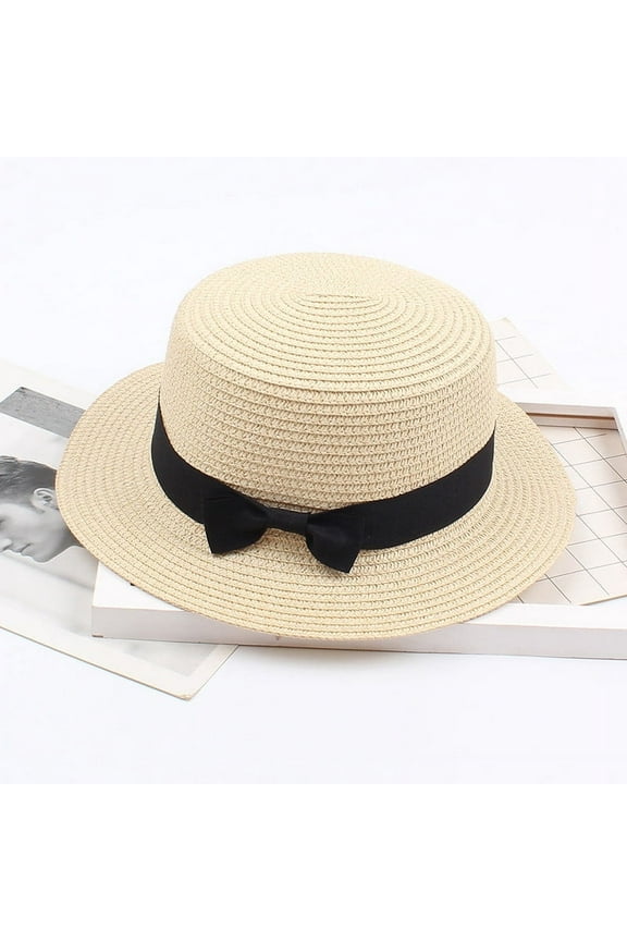 Women Straw Boater Hat Summer Beach Sun Sailor Bowler Cap Floppy Flat Top with Ribbon Hatband Solid Beach Sun Top Hat Summer Hat Ladies Women's Visor Sun Caps