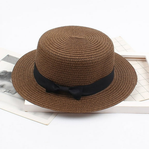 Holzkary Women Straw Boater Hat Summer Beach Sun Sailor Bowler Cap Floppy Flat Top with Ribbon Hatband Solid Beach Sun Top Hat Summer Hat Ladies Women's Visor Sun Caps
