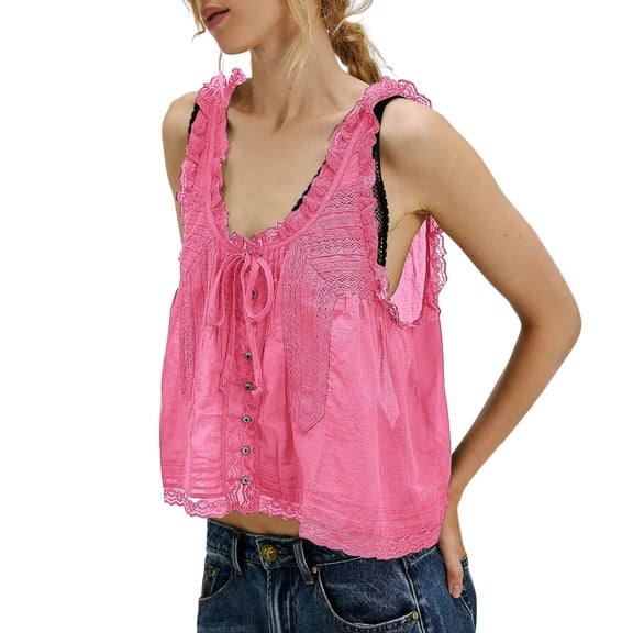 Holzkary Women Summer Boho Lace Tie Front Tank Beach Vacation Top Button Down Sleeveless Cardigan Crop Y2K Tops Clothes 2025 Sleeveless Lace Tank Tops Vacation Front Tie Mesh Chiffon Tops Hot Pink S