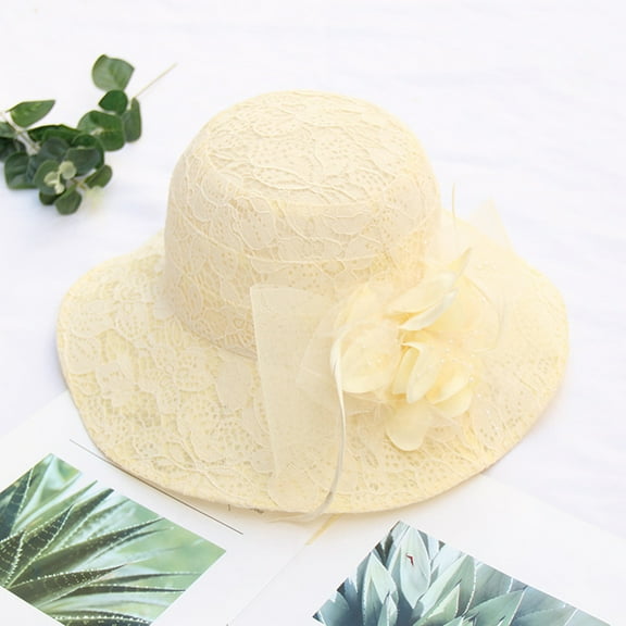 Holzkary Women's Beach Sun Straw Hat Uv Upf 50+ Travel Foldable Brim Summer Uv Hat Women's Church Kentucky Derby Fascinator Bridal Tea Party Wedding Hat Yellow One Size