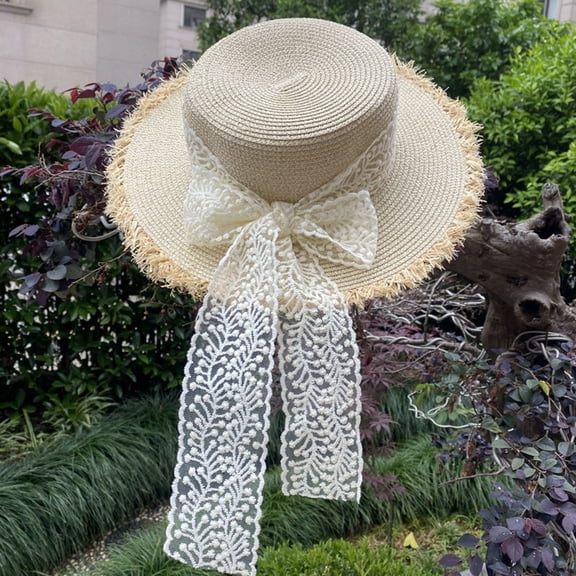 Holzkary Women's Beach Sun Straw Hat Uv Upf 50  Travel Foldable Brim Summer Uv Hat Women's Lafite Edge Splicing Hat Summer Literary Bow Flat Top Hat Sun Shade Sun Hat Straw Hat Beige One Size