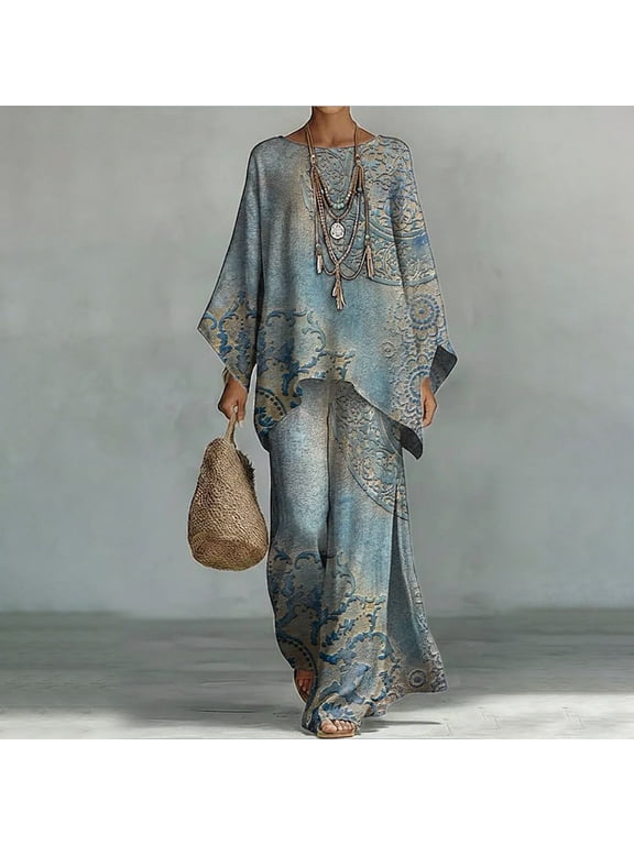 Women's Boho Two-Piece Set Batwing Long Sleeve Printed Top and Wide-Leg Pants Set Loose Plus-Size Airport Travel Beach Outdoor Clothing Summer Fall Clothes Flowy Outfits Light Blue Xxl