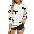 thumbnail image 1 of Holzkary Women's Bow Sweater Long Sleeve Crew Neck Vintage Y2K Knitted Sweater Women Long Sleeve Bowknot Printed Casual Knitted Jumper Lightweight Sweater Fall Fashion 2025 Loose Pullover Tops White S, 1 of 6
