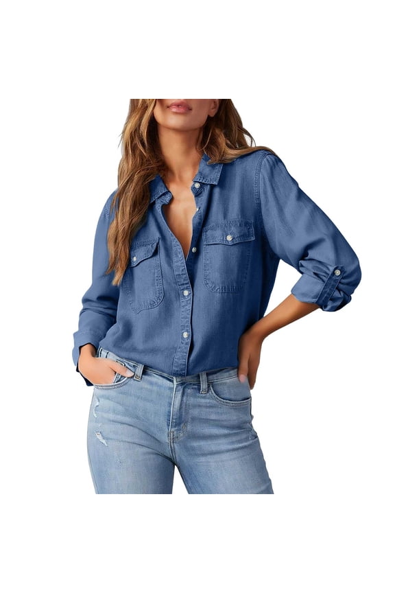 Women's Button Down Denim Shirts Casual Long Sleeve V Neck Chambray Blouse Top Women's Autumn Solid Color Casual Collar Single Breasted Long Sleeve Denim Shirt Dark Blue Xxl