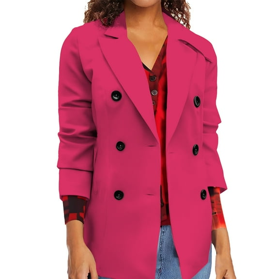 Holzkary Women's Casual Blazer Button Lapel Long Sleeve Work Business Fashion Blazers Jackets Outfits with Pockets Solid Color Long Sleeve Double Button Suit Jacket Women's Cardigan Hot Pink S