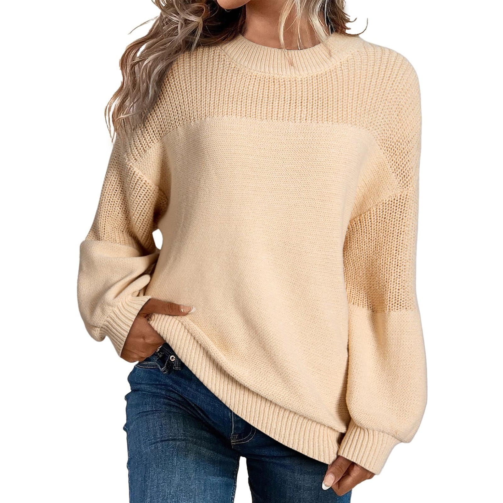 Holzkary Women's Casual Long Sleeve Sweaters Women's Casual Long Sleeve Sweaters Loose Crewneck Knit Solid Pullover Sweater Jumper Tops Loose Crewneck Knit Solid Pullover Sweater Jumper Tops Khaki M