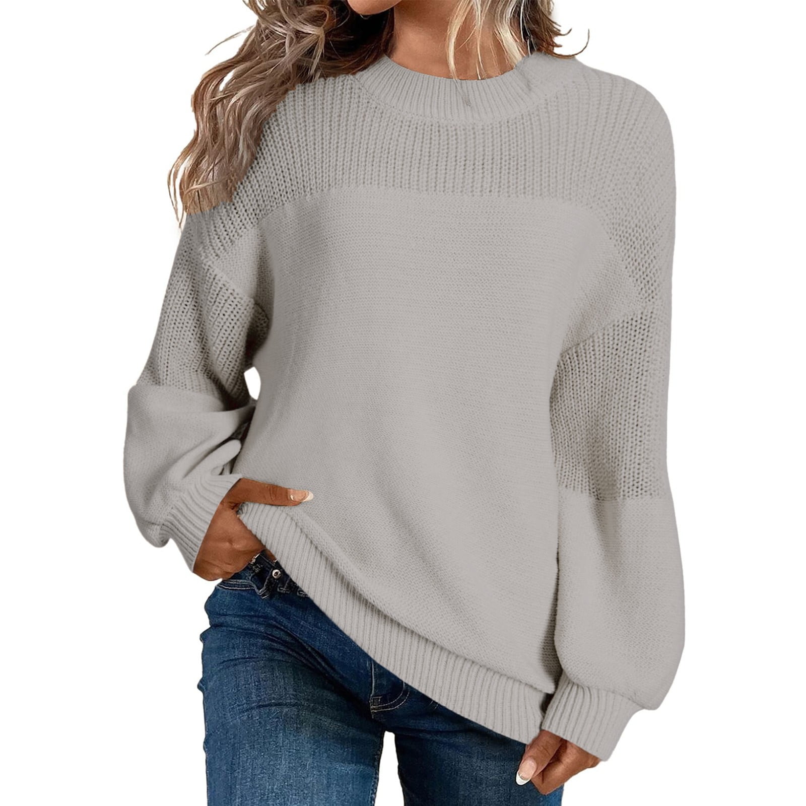 Holzkary Women's Casual Long Sleeve Sweaters Women's Casual Long Sleeve Sweaters Loose Crewneck Knit Solid Pullover Sweater Jumper Tops Loose Crewneck Knit Solid Pullover Sweater Jumper Tops Grey M
