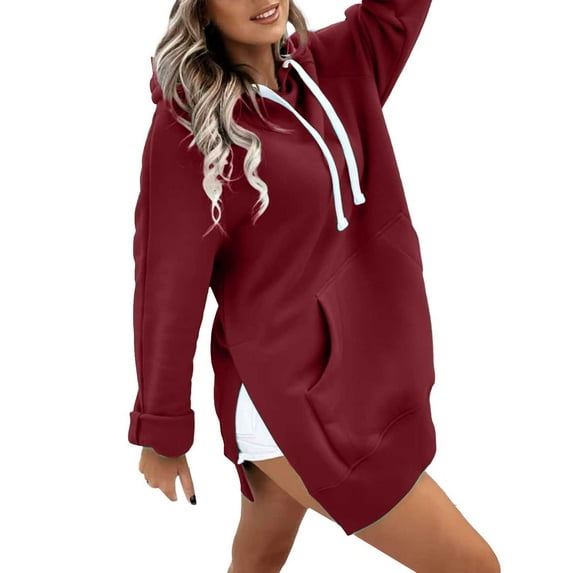 Holzkary Women's Casual Pullover Sweatshirt Long Sleeve Split Hem Hoodie Dress with Pocket Fashion Casual Warm Sweatshirt Long Sleeve O Neck Soft Solid Shirt Ladies Winter Sweatshirts Tops Wine L