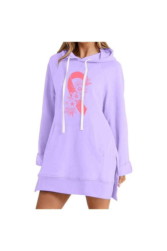 Women's Casual Pullover Sweatshirt Women's New Slit Pocket Shoulder Length Loose Casual Sweatshirt Long Sleeve Split Hem Hoodie Dress with Pocket Purple M