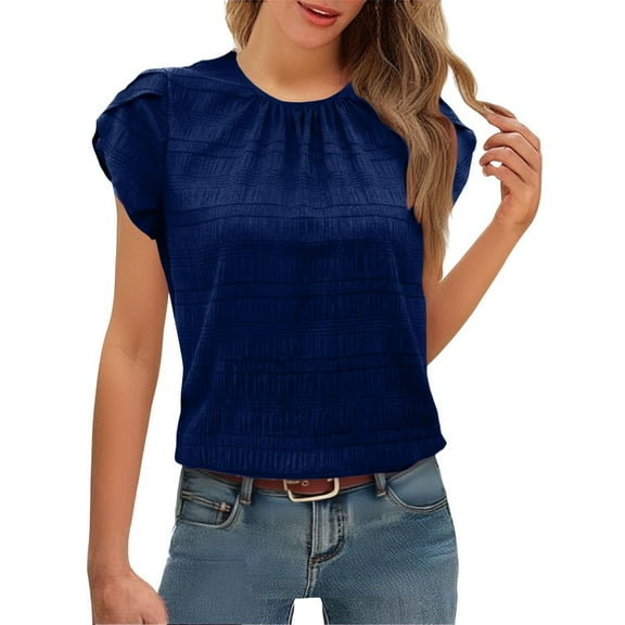 Holzkary Women's Casual Round Neck Basic Pleated Top Cap Sleeve Curved Keyhole Back Blouse Fashionable and Casual Spring and Summer New Round Neck Petal Sleeve Temperament Short Sleeved Top Navy S